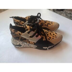 Steve Madden Cliff Leopard Print Cow Hair Leather Sneakers Tan Black Silver 7M